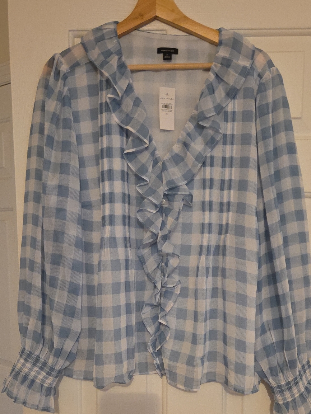 Ann Taylor Blue & White Plaid Ruffle V-Neck Blouse